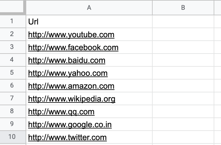 a spreadsheet of URLs