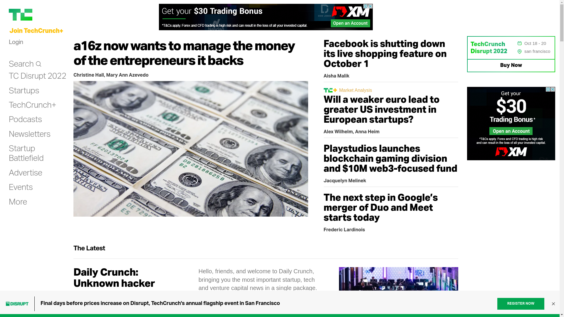 The TechCrunch homepage screenshotted using Playwright